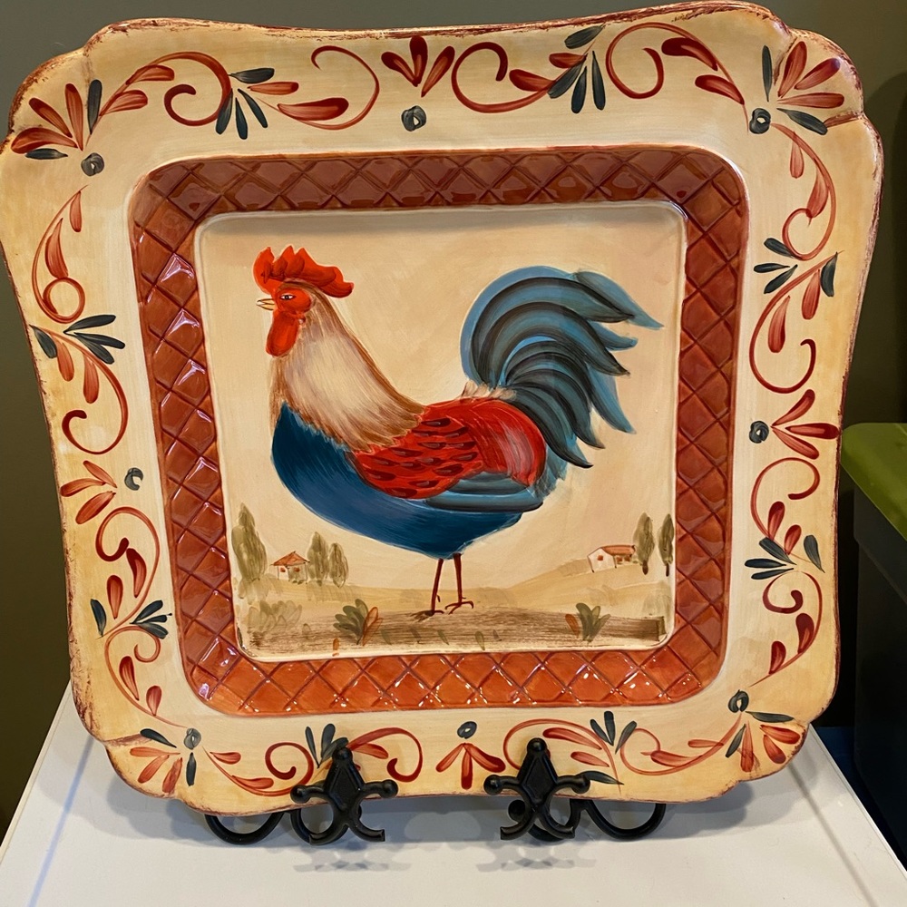 15 inch square Rooster platter. Certified international Pamela Gladding. New.